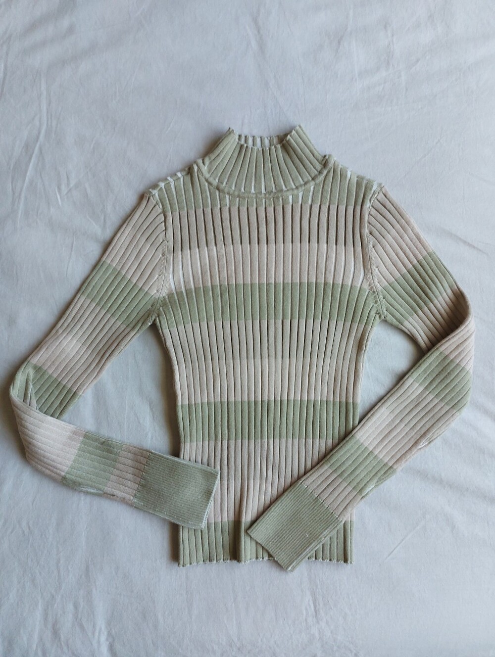 Ribbed Mock Neck Sweater - Sage Green & Beige Brown